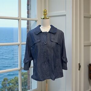 Sandro Sportswear Blue/Gray Denim Cotton Blend Blazer Bell 3/4 Sleeve Sz XL